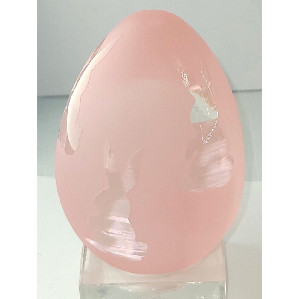 Vintage Arthur Court Frosted Pink Art Glass Etched Easter Bunny Egg Paperweight
